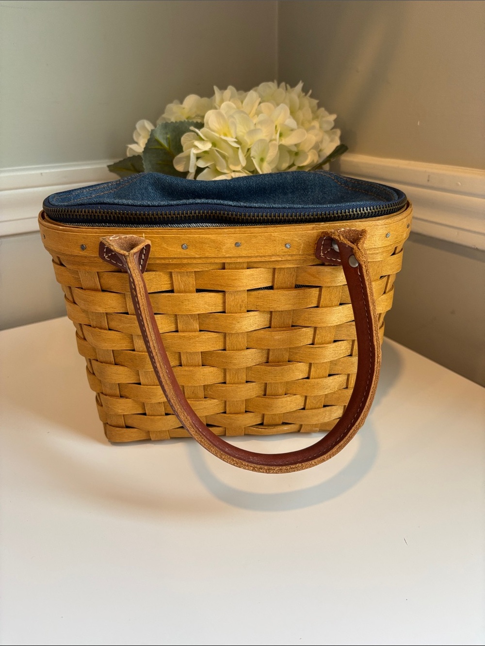 Longaberger Woven Picnic-Style Basket Bag in Tan with Denim Top